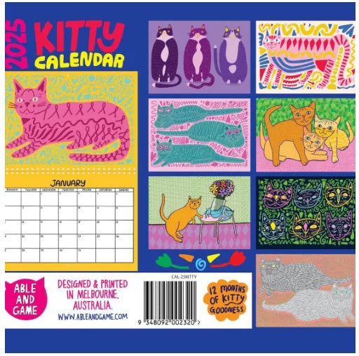Cat themed yearly wall calendar for 2024 or 2025 on paper