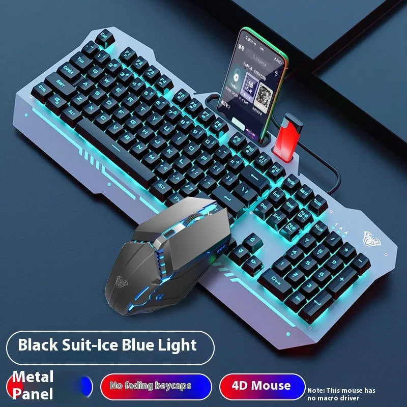 Black and white mechanical gaming keyboard with metal construction, mouse, and headset wired bundle