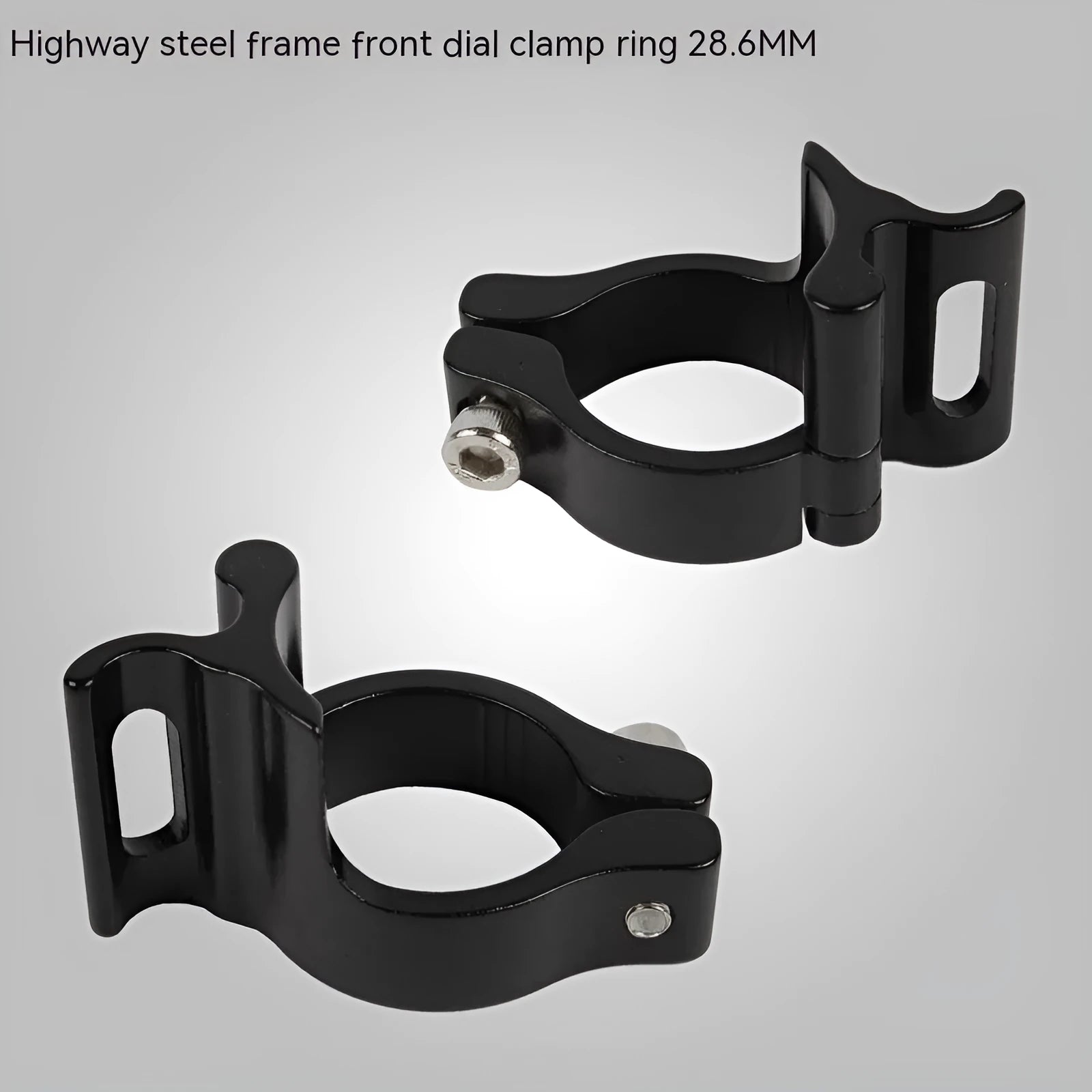 A single black aluminium alloy clamp ring with a 28.6 mm diameter for vehicle frame repair.