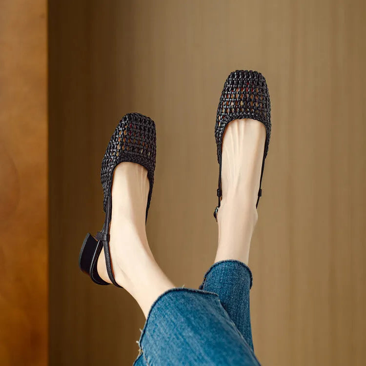 Women's woven hollow-out closed toe sandals with chunky heel and buckle closure in beige and black
