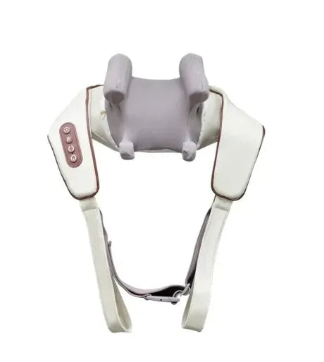Milky white rechargeable shoulder and neck massager with infrared physiotherapy for cervical spine relief