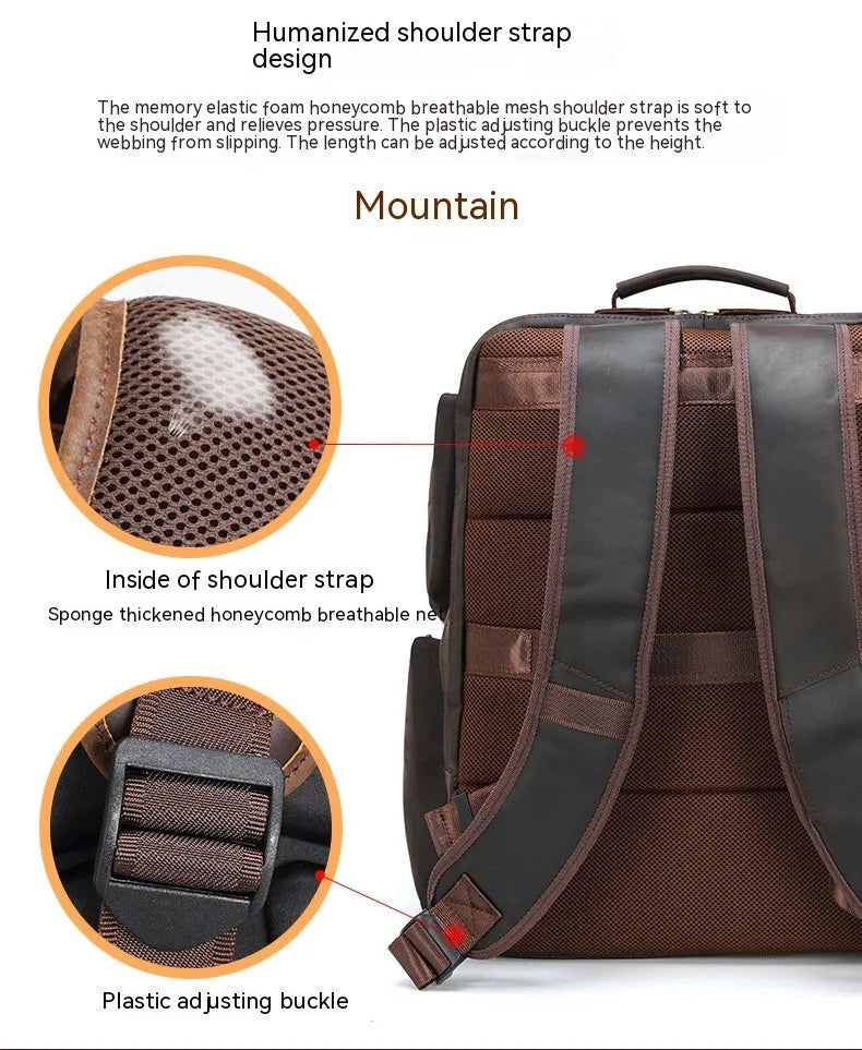 Dark brown retro crazy horse leather backpack for a 17-inch laptop, showing double shoulder straps and external pockets.