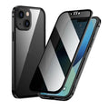 Magneto double sided metal frame iPhone case in black, shown on a phone, with other colour options of red, gold, silver, pink, purple, and blue visible.