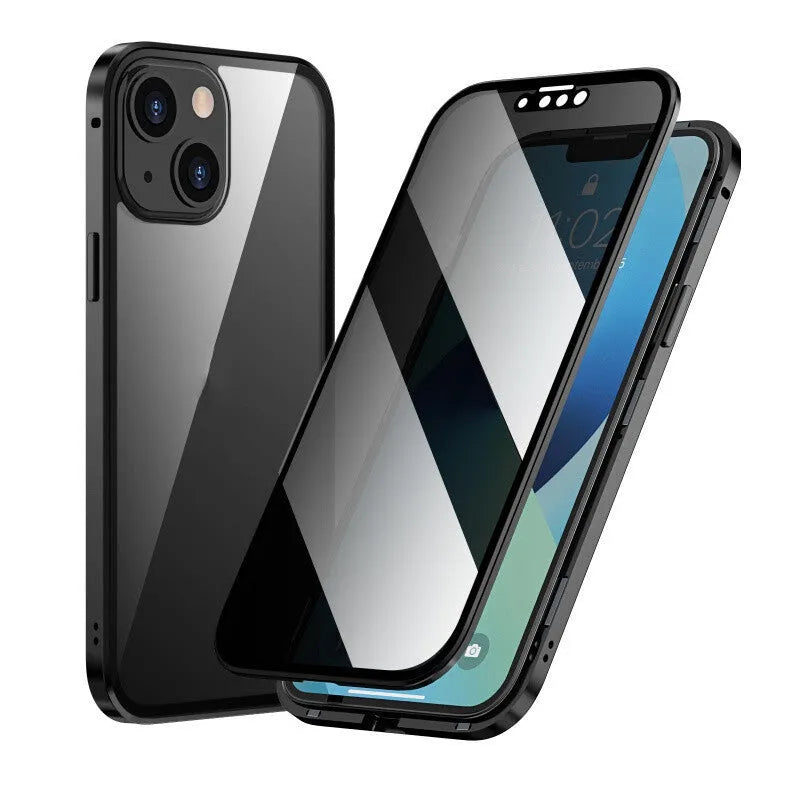 Magneto double sided metal frame iPhone case in black, shown on a phone, with other colour options of red, gold, silver, pink, purple, and blue visible.