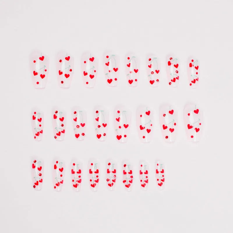 French love red diamond small cherry nail armour sheets set with 24 pieces and adhesive glue
