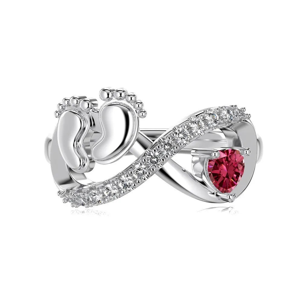 Silver geometric ring with rose red electroplated finish featuring new baby footprints design