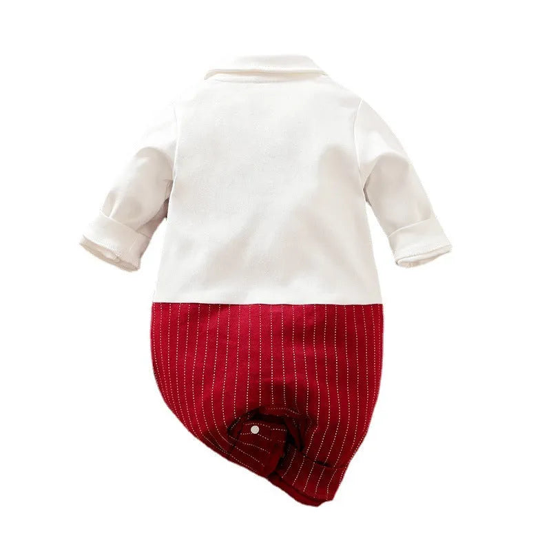 Wine red cotton romper for a baby boy in a gentleman style with long sleeves.