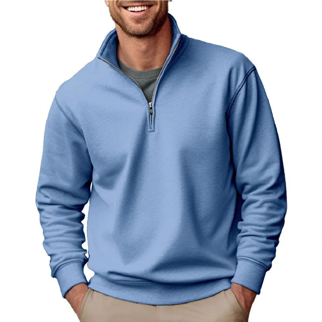 Men's pullover sweater in purple velvet polyester with zipper stand collar, loose fit, long sleeves, and chest patch pocket