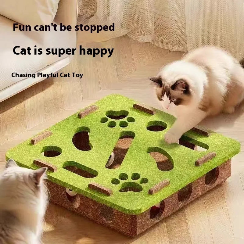Green brown felt rectangular cat toy box with a circular hole and interior stuffing for play and scratching.