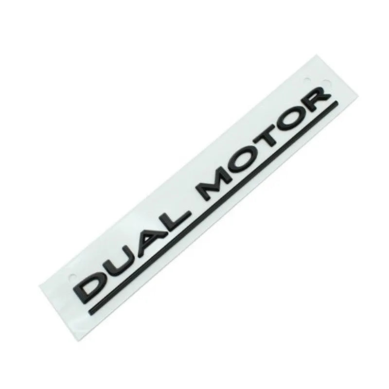 Tesla Model 3 double motor performance bumper sticker in ABS plastic, 19cm by 3cm, showing colour options.