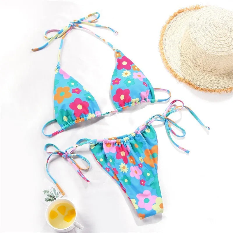 Women's polka dot print split swimsuit bikini in brown and orange colour variations