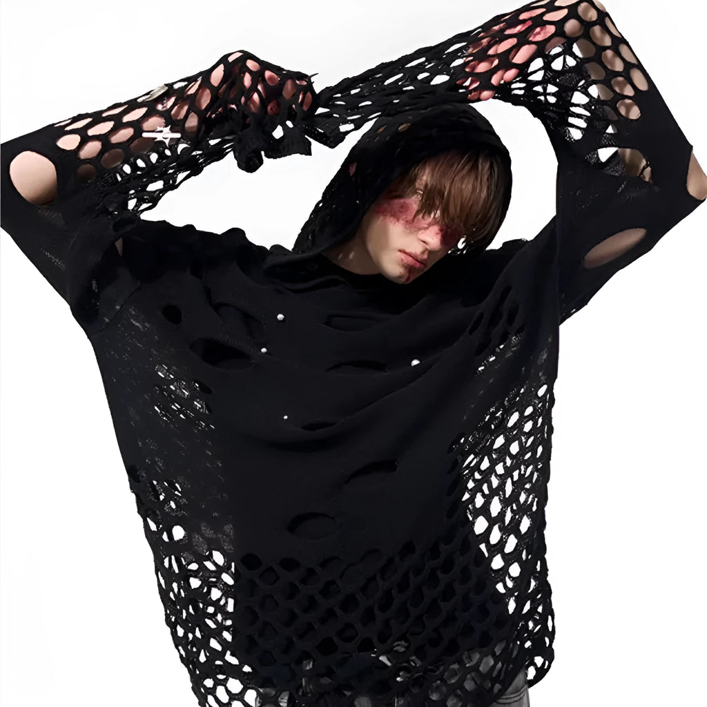Black men's hoodie with pearl decoration showing loose fit and regular sleeves