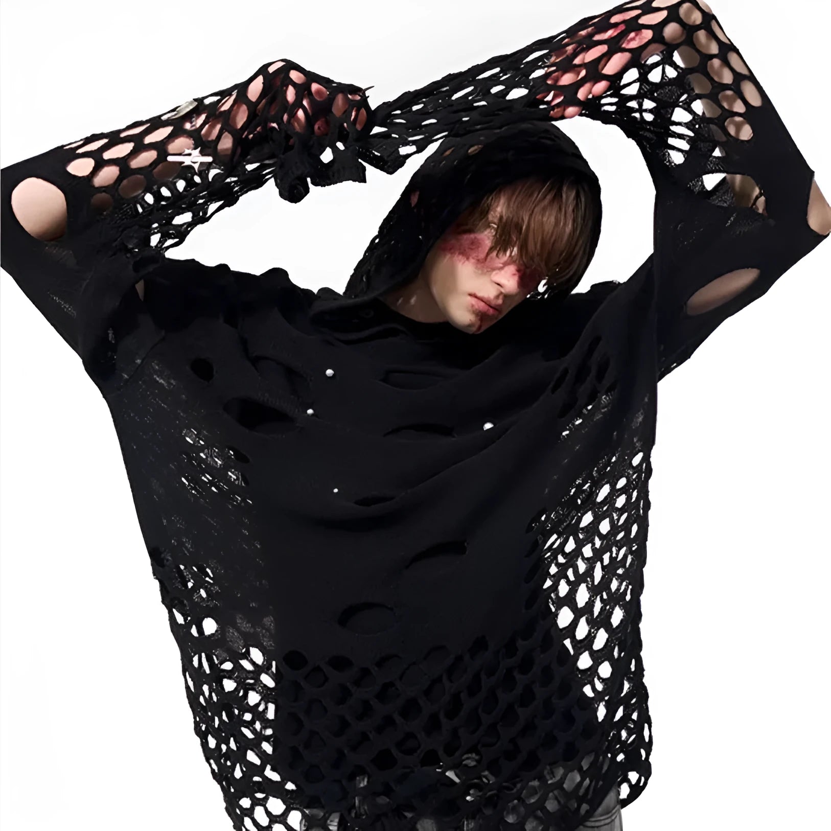 Black men's hoodie with pearl decoration showing loose fit and regular sleeves
