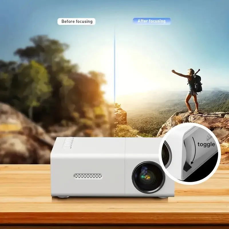 M100 mini LED home projector in black and white showing 100-inch projection with international power cables