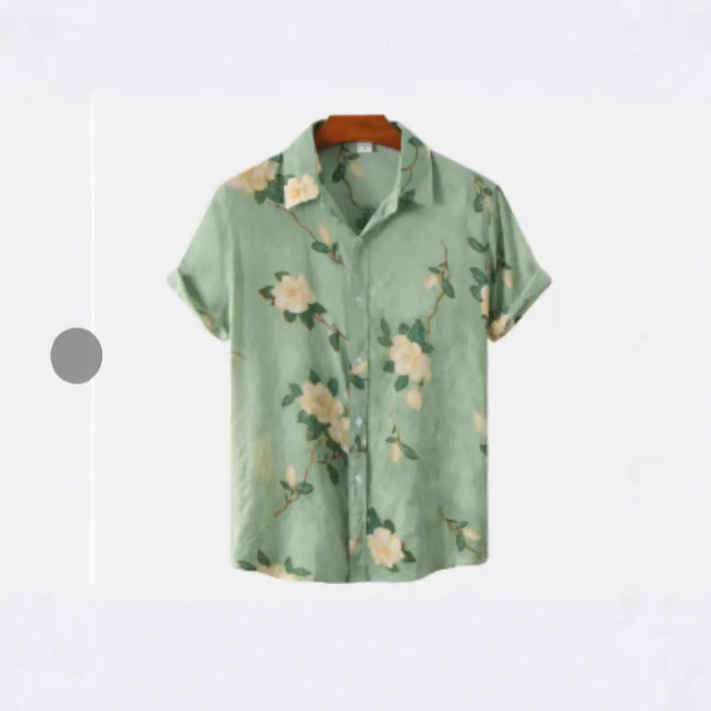 Hawaiian print short sleeve shirt with floral pattern and elastic fabric on a mannequin