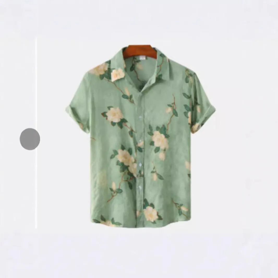 Hawaiian print short sleeve shirt with floral pattern and elastic fabric on a mannequin