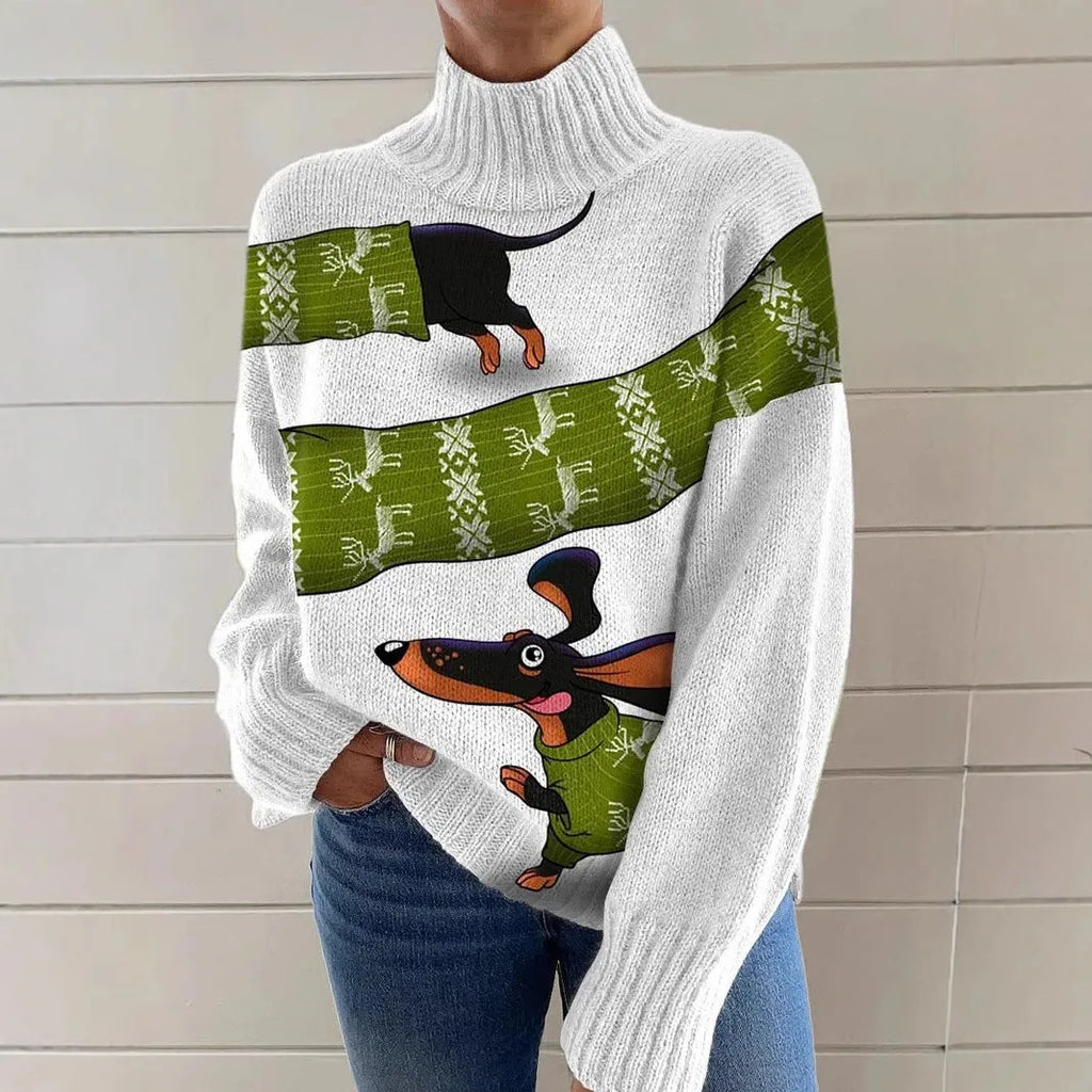Women's printed turtleneck sweater with painting pattern in macaron colours, loose fit with long sleeves