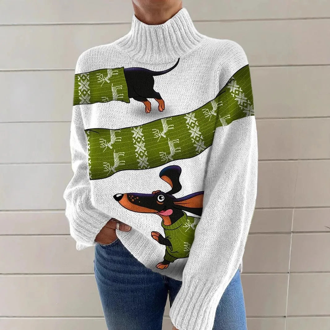 Women's printed turtleneck sweater with painting pattern in macaron colours, loose fit with long sleeves