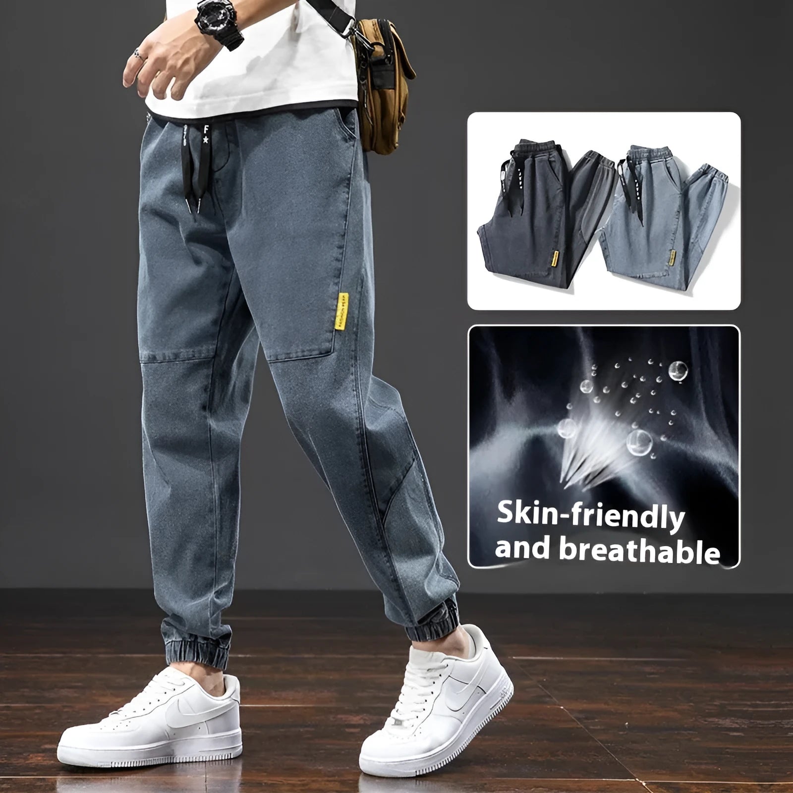 Men's loose cargo casual jeans in straight leg cut with micro elastic cotton fabric