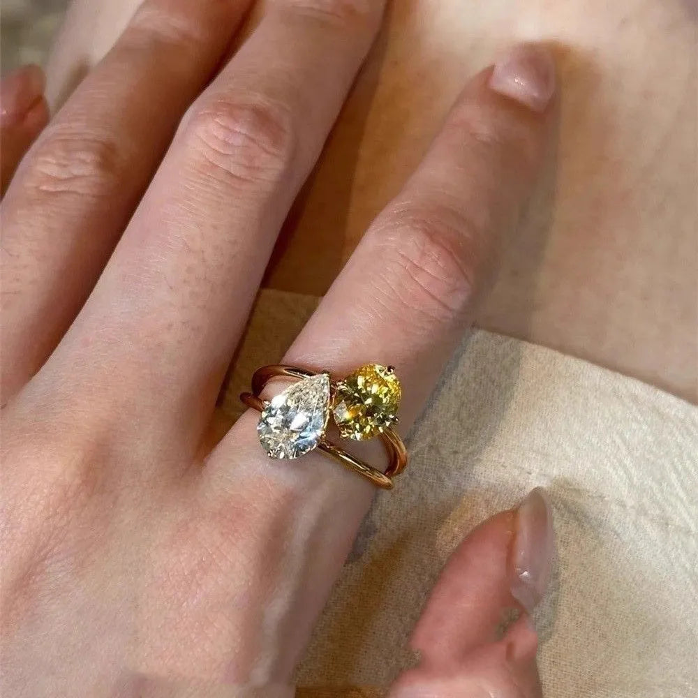 Water drop contrast colour zircon geometric open ring for women with copper construction