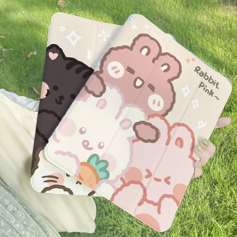 Silicone rabbit cartoon tri-fold protective case for iPad in stand mode.