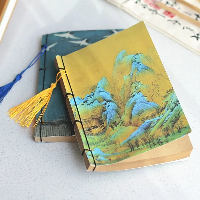 Retro antique wire-bound ledger notebook with embossed cowhide cover and decorative tassels