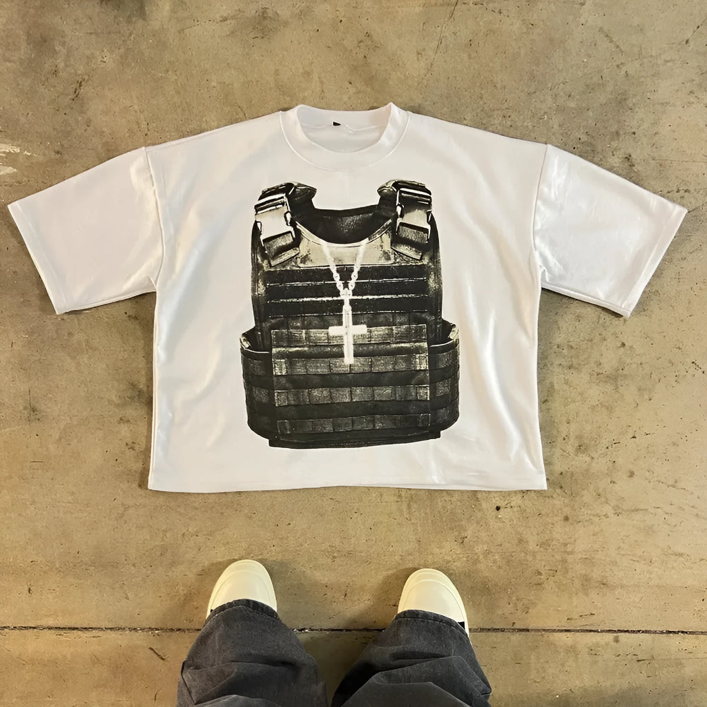 Printed cotton short sleeve t-shirt with retro street style and drop-shoulder sleeves on a hanger