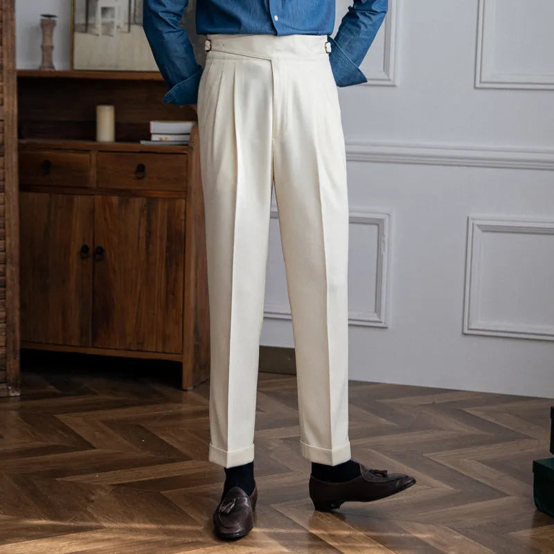 Men's high waist straight-leg casual trousers in black, shown laid flat.