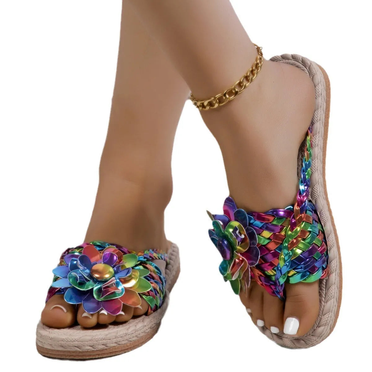 Plus size women's platform sandals with floral accents, rubber sole, PU upper, available in multiple colours