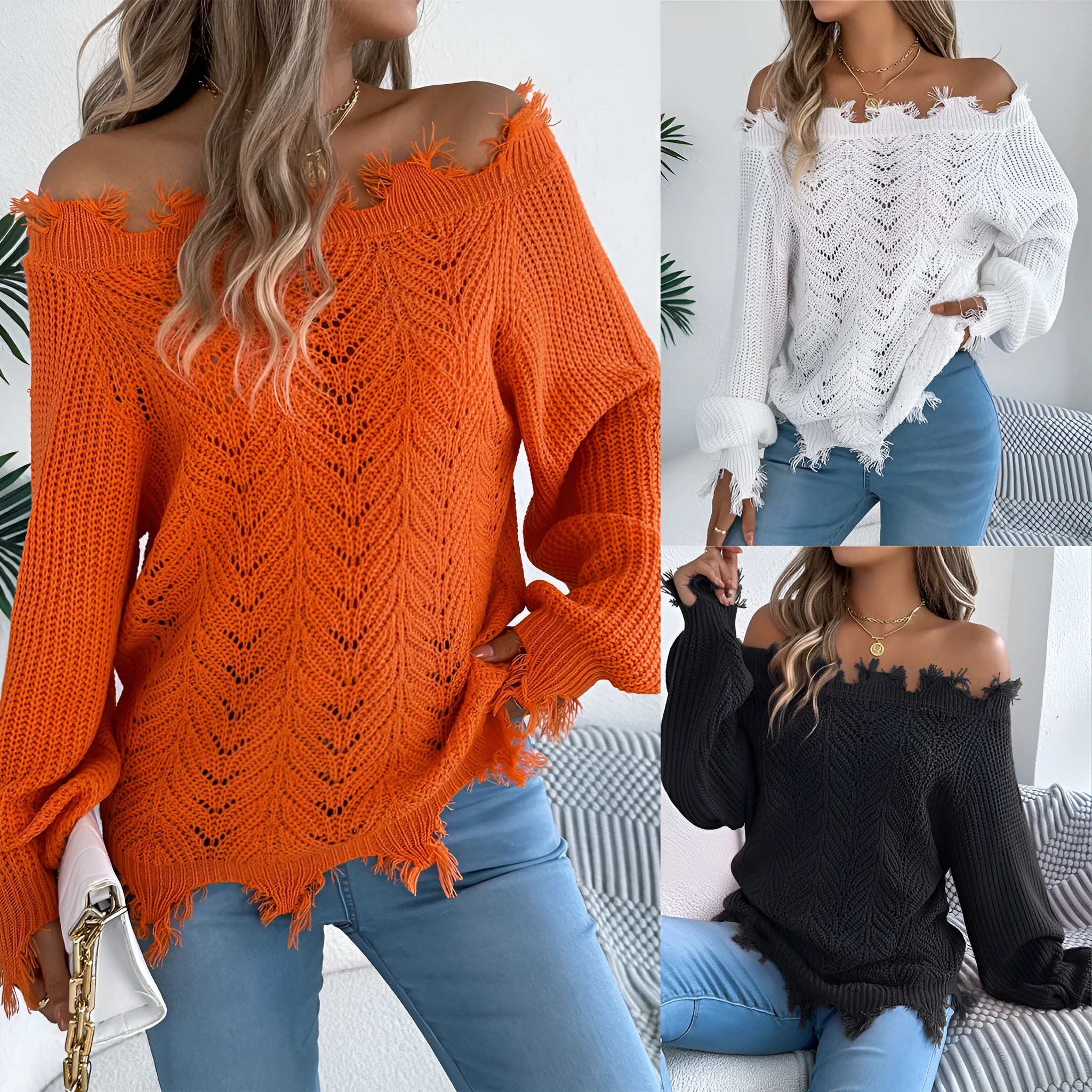 White hollow-out patterned long-sleeved sweater with a cut off-the-shoulder neckline on a model.