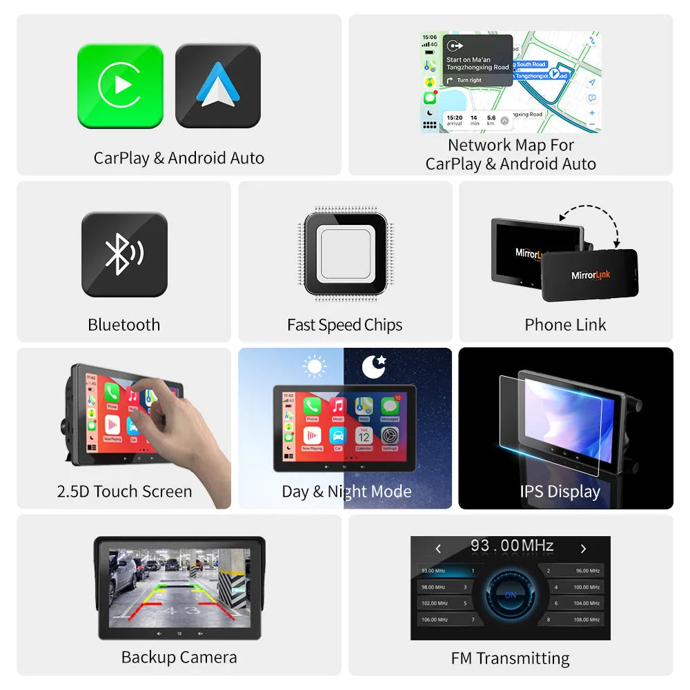 7 inch wireless CarPlay car display with astern video on windscreen mounting