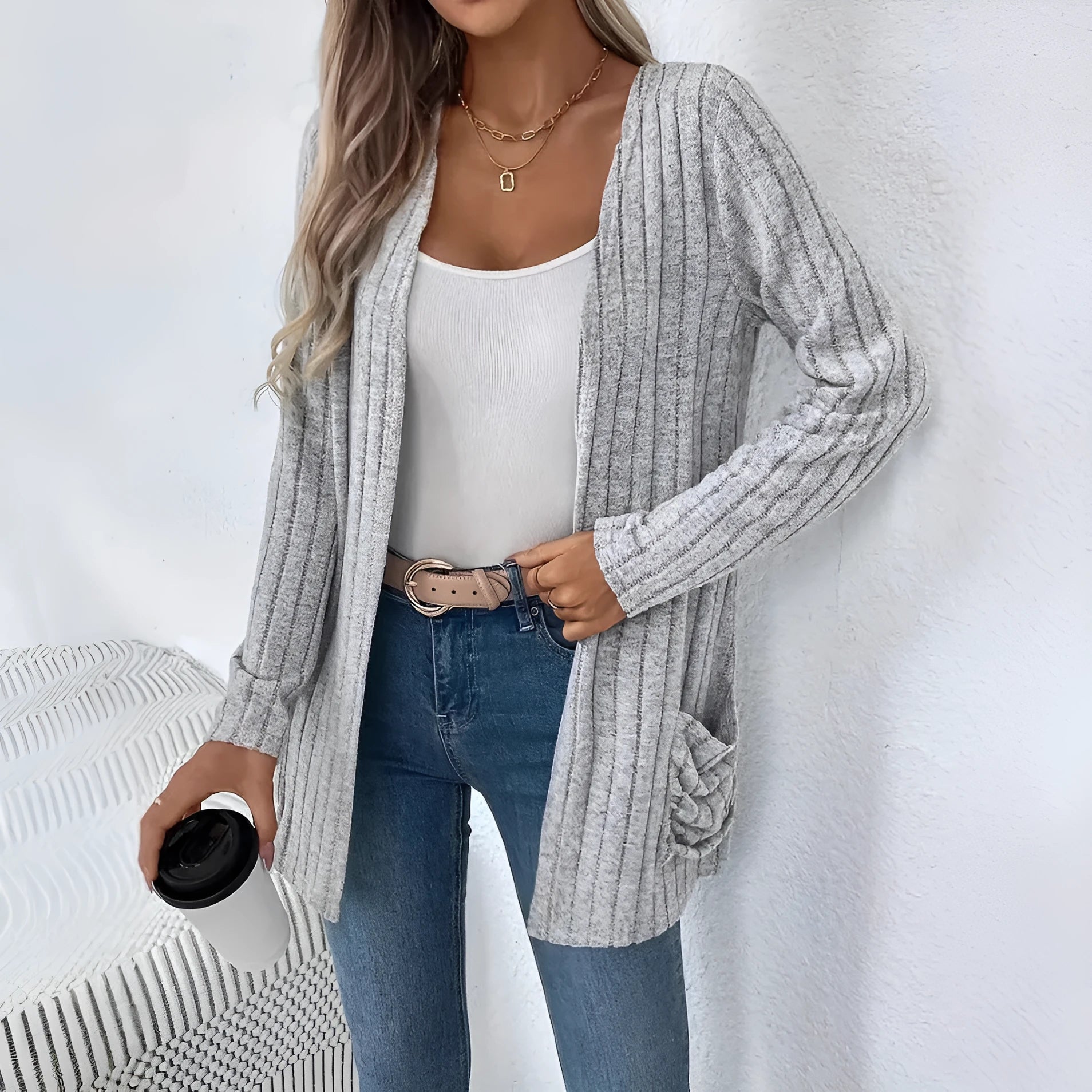 Loose fit long sleeve cardigan in solid black or granny grey colour shown on model