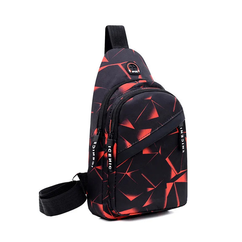 Black print sling chest crossbody bag with earphone hole and zipper pocket.