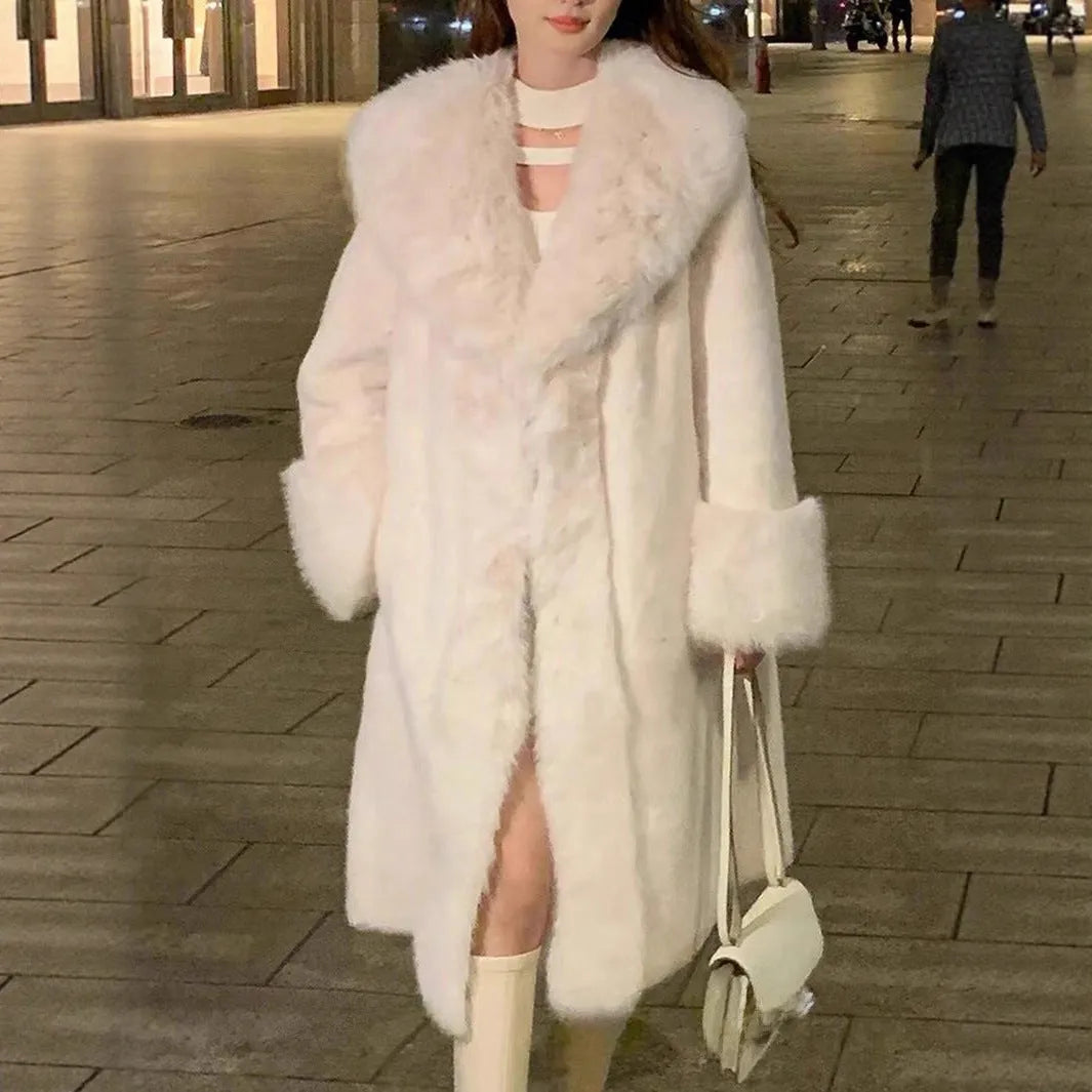 Women's thick faux rabbit fur mid-length coat in grey, black, pink or white colours