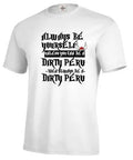 Men's solid white short sleeve T-shirt laid flat, showing straight cut and printed design.
