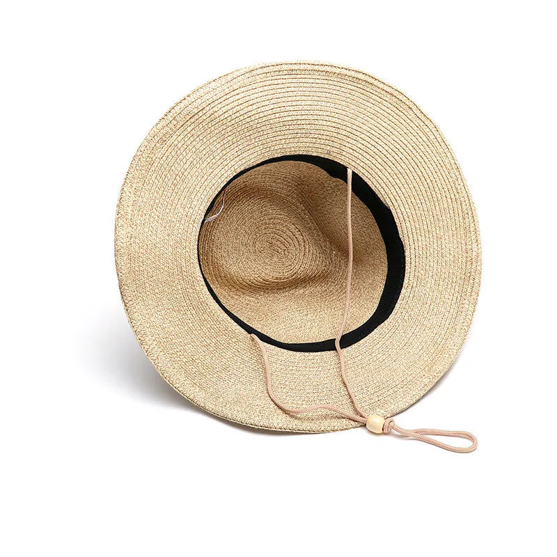 Man's foldable big brim straw sun hat in beige, shown flat and folded, with size tags for 58cm, 60cm, and 62cm.