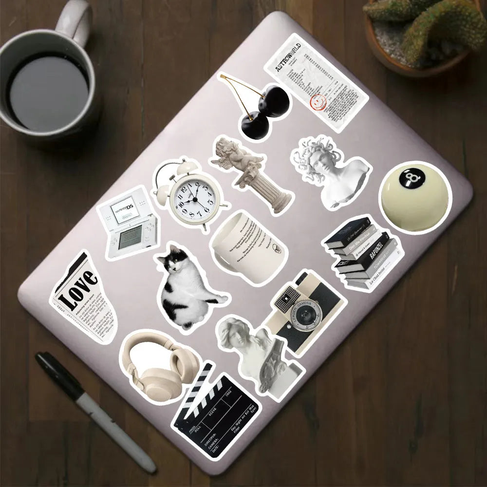Black and white PVC vinyl sticker pack with 61 pieces for laptops and phones