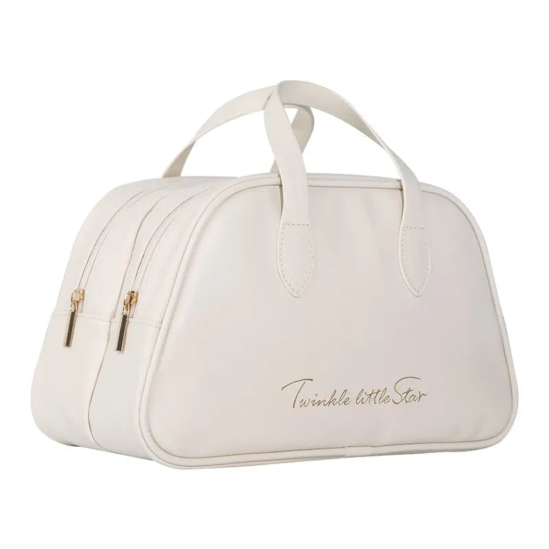 Large capacity PU leather travel toiletry bag in caramel mocha colour with dry wet separation compartment