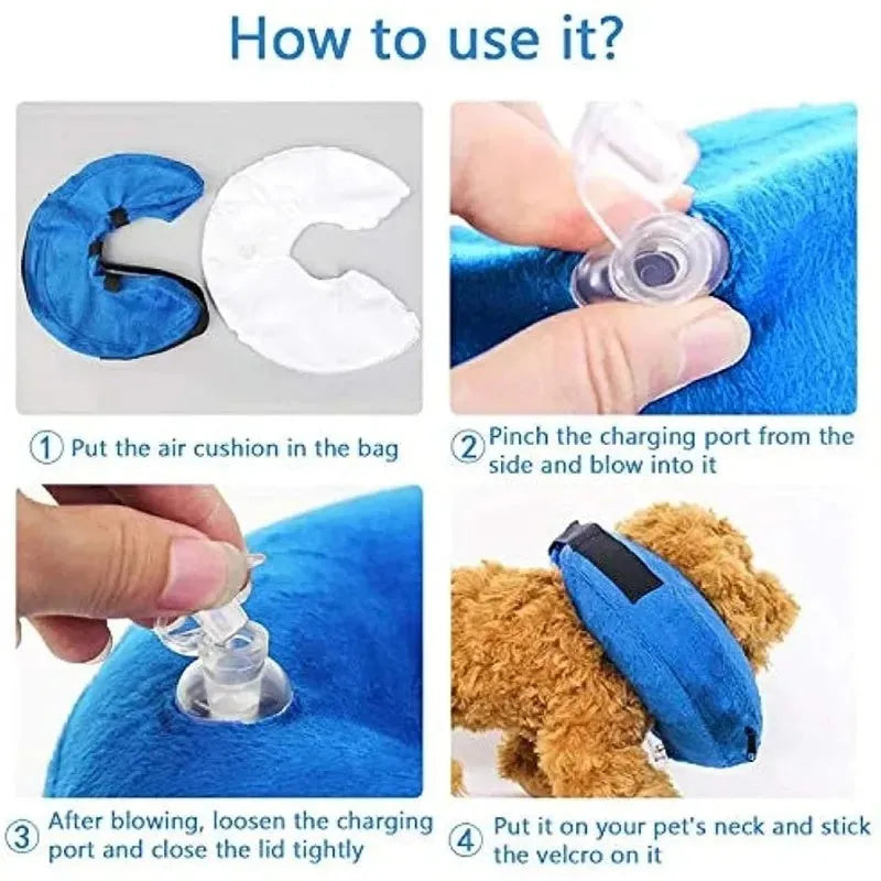 Inflatable soft pet recovery collar in blue with air valve, shown on surface