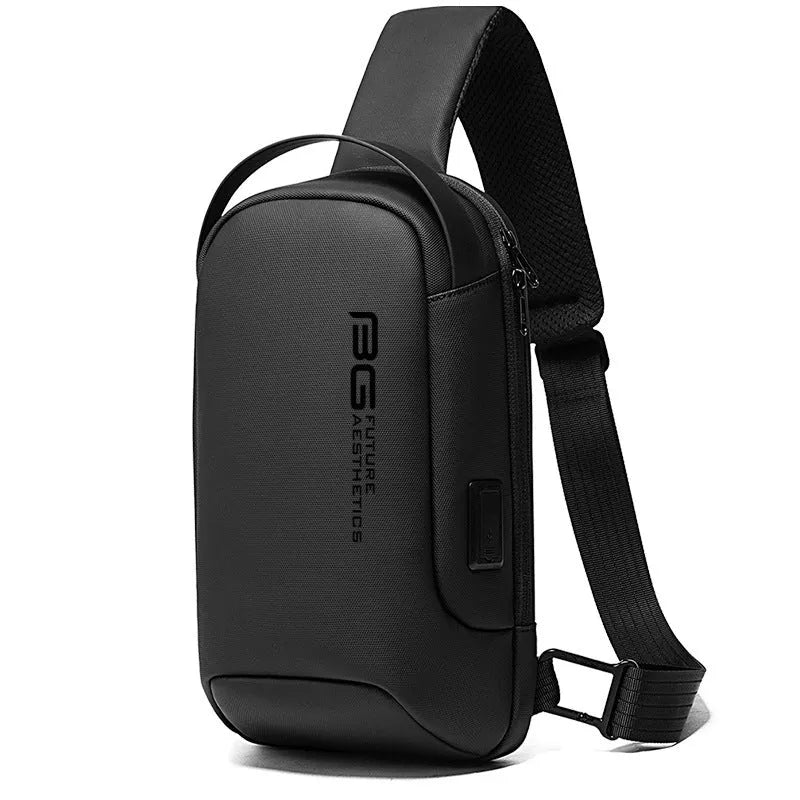 Men's blue oxford cloth business shoulder bag with USB charging port showing letter detailing