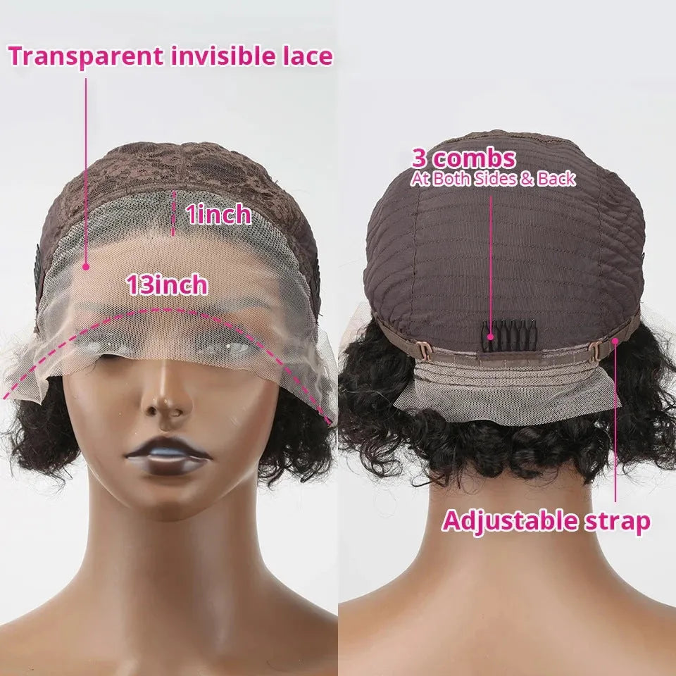 Black human hair lace wig cap on a model, showing the natural colour 13x1 and pixie style.