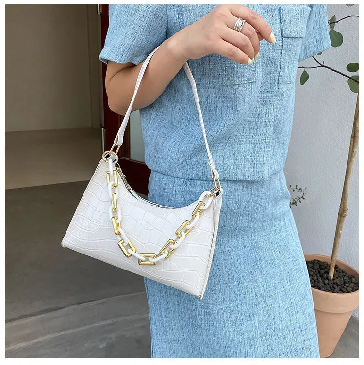 Fashion stone texture shoulder bag with chain in horizontal square shape
