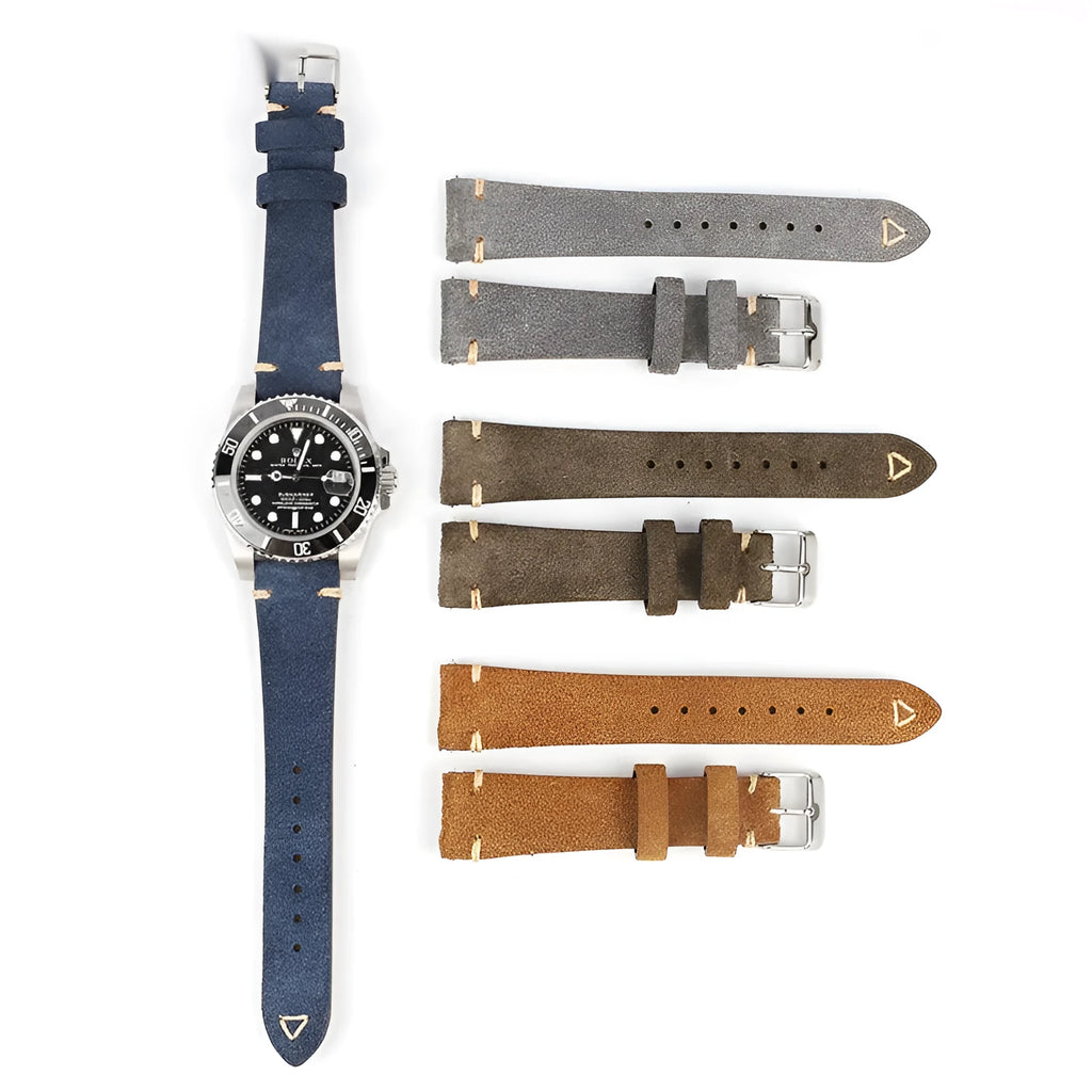 Genuine suede leather watch strap in brown, shown detached, with 20mm and 22mm width options.