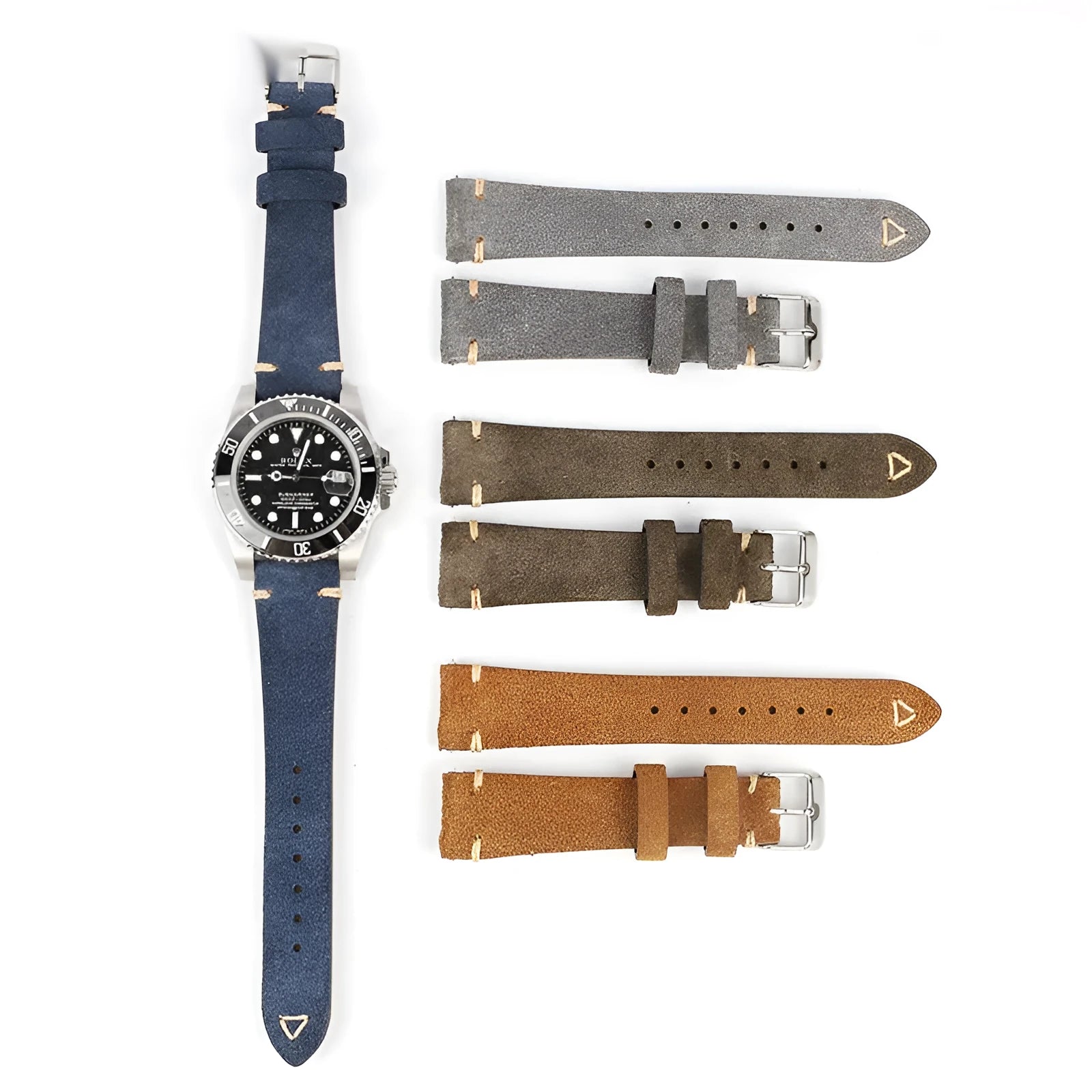 Genuine suede leather watch strap in brown, shown detached, with 20mm and 22mm width options.