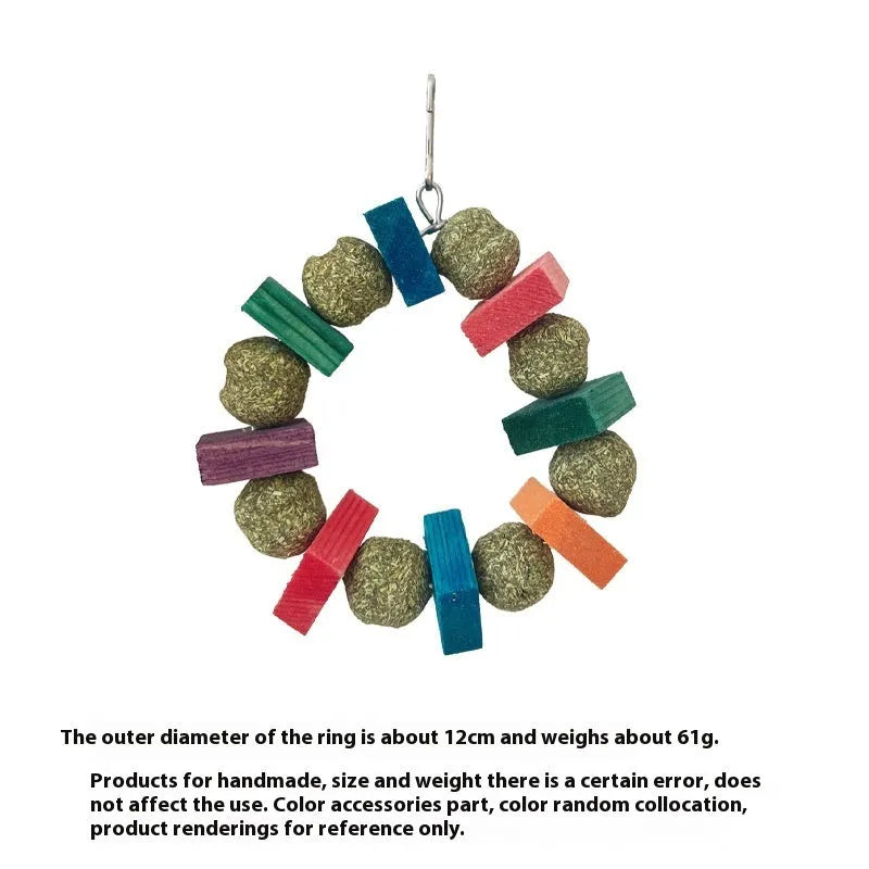 Hamster toy with woven straw ball ring and attached chew rod, shown in two colour variants.