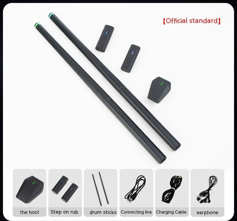 Black somatosensory air drum kit virtual AR toy with wireless drumsticks and stomp pedal controller.
