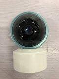 White indoor security camera with 360-degree rotation on stand showing WiFi connectivity