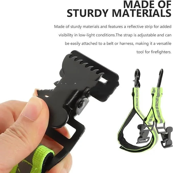 Fluorescent green reflective metal buckle clip for securing fireman gloves.