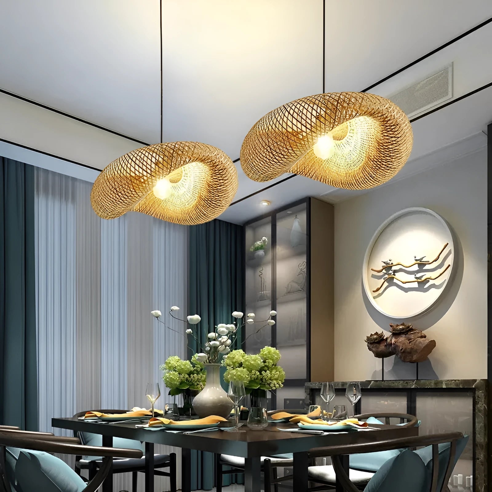 Bamboo straw hat-shaped hanging pendant lamp in natural material showing diameter size options