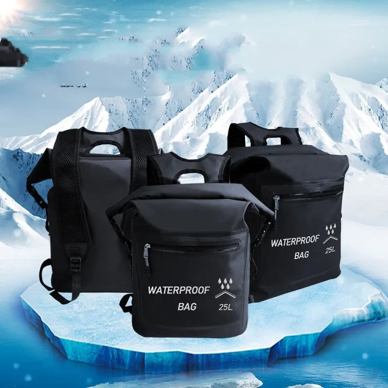 Black waterproof backpack dry bag with 25 litre capacity for water sports